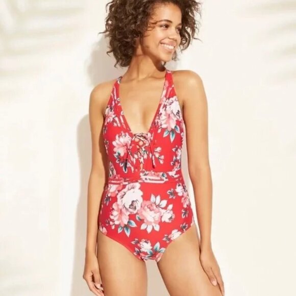 Kona Sol women's S red floral lace up criss cross back one piece swimsuit GUC - Picture 1 of 6